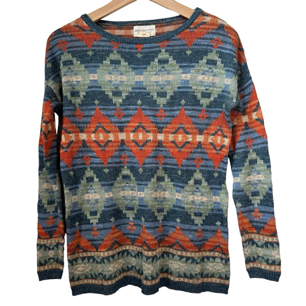 Denim & Supply Ralph Lauren Geometric Knit Sweater - Blue and Orange